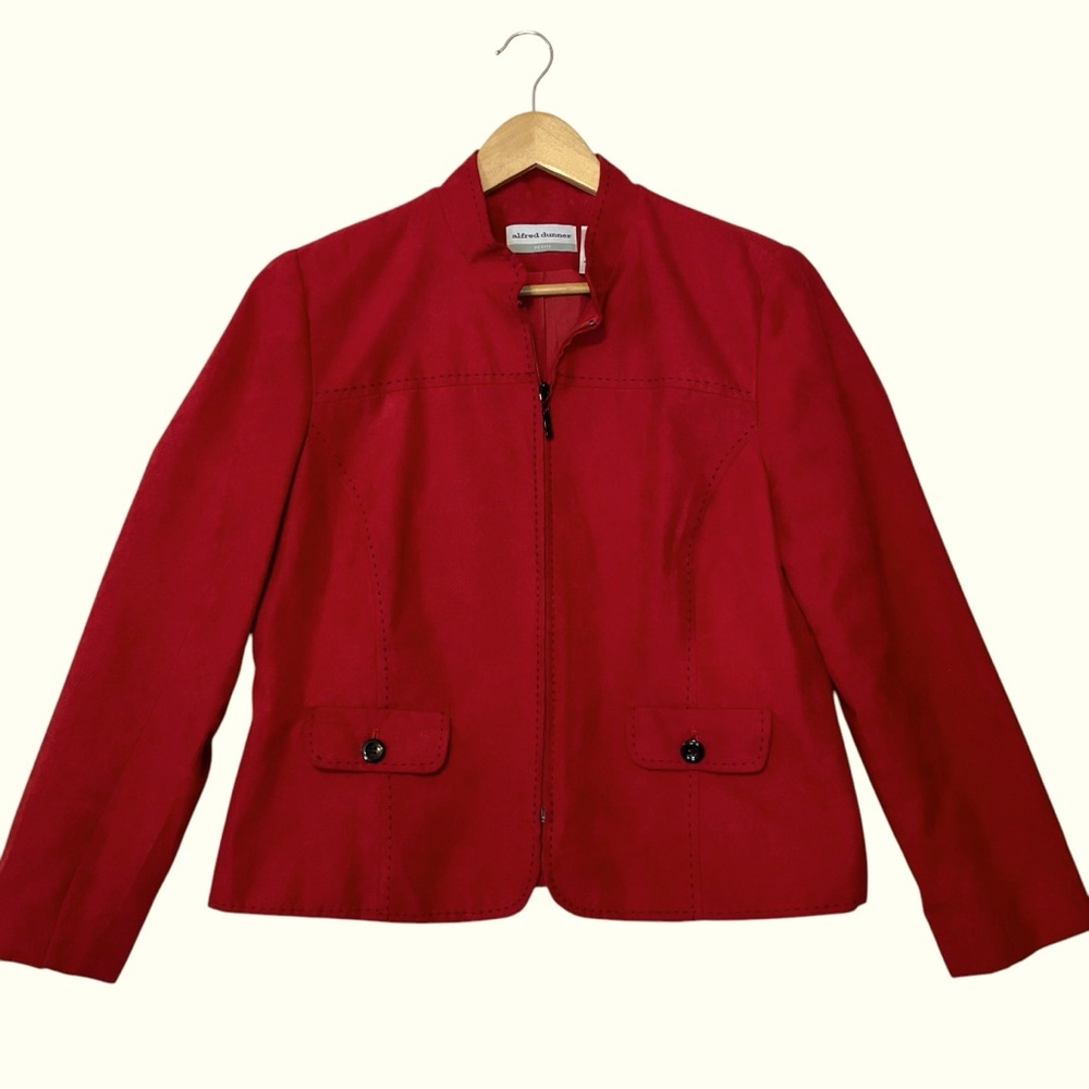 ALFRED DUNNER sz 12 Petite Red + Black Jacket Full Zip Pockets Faux Suede NWT